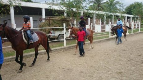 Drei haitianische Kinder reiten auf Pferden, die von Erwachsenen geführt werden